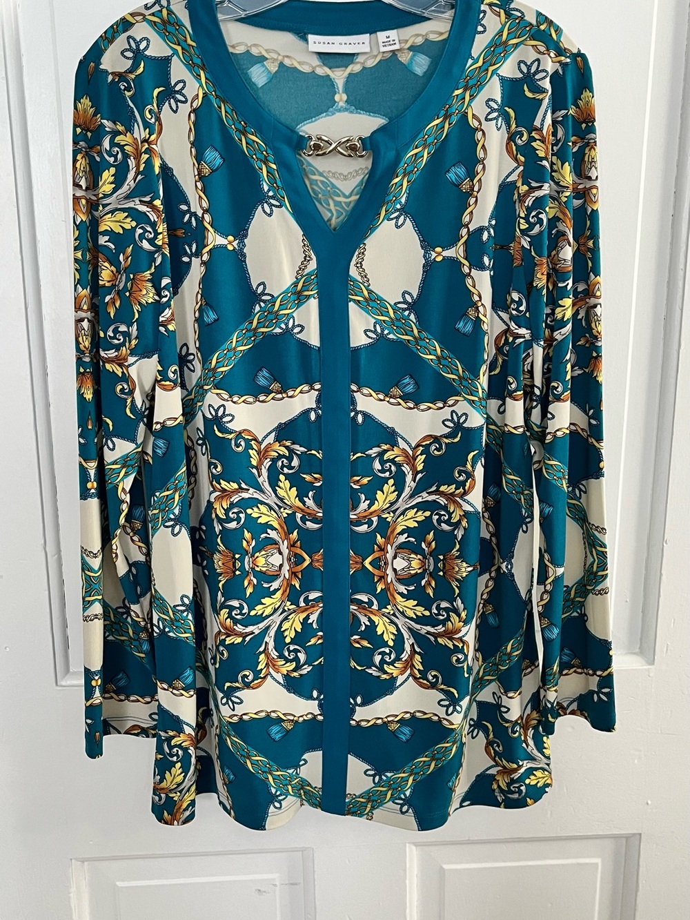 Susan Graver M Teal multicolor paisley mixed print knit top long sleeves